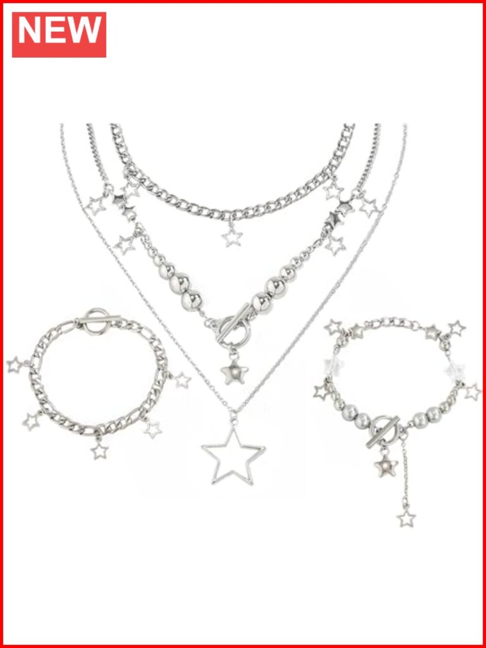 2 Pc Silver Star Necklace Set Y2K Grunge Kawaii Aesthetic Vintage Emo Jewelry
